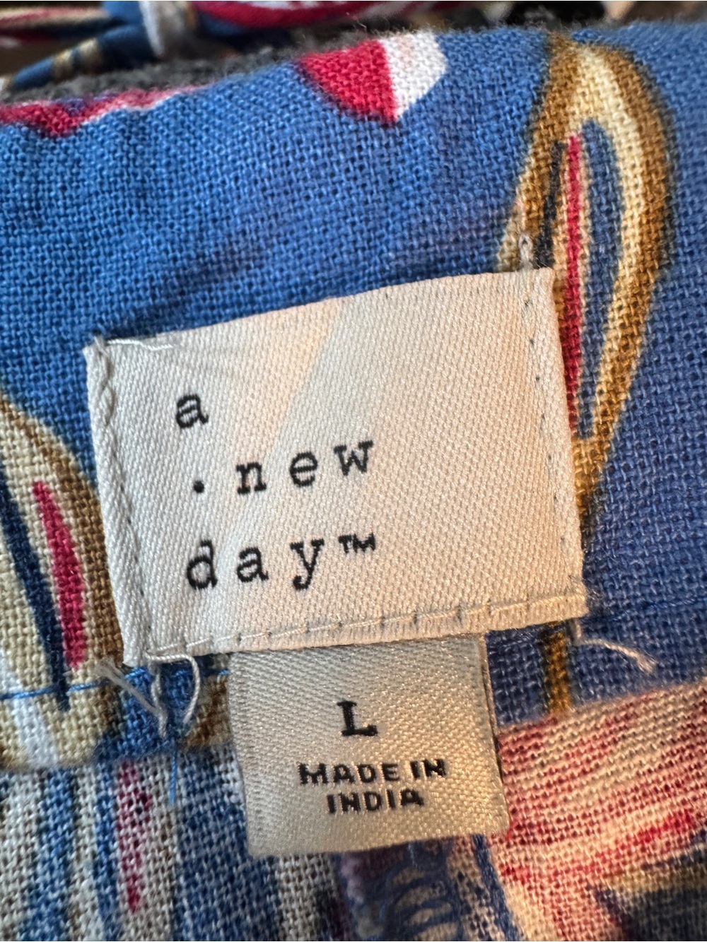 NWT A New Day L Blue Bold Floral Cotton Linen Puff Sleeve Mini Dress Pockets - Picture 9 of 10